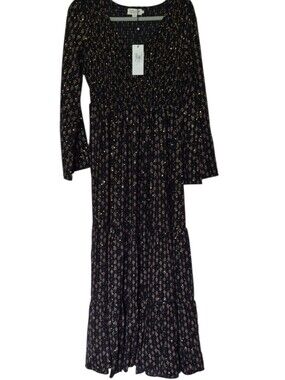 NWT Molly Bracken Small Woven Maxi Dress Black Jude Smocked Tiered Skirt Shiny
